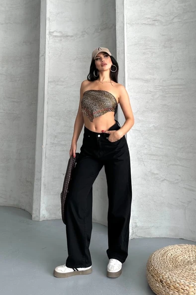 Palazzo straight enzim süper taş yıkama jeans pantolon siyah d2008 ürün görseli