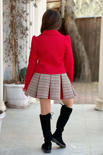 Kız Çocuk Blazer Ceket, Kravat Çizgili Kırmızı Etekli Takım - Resim 2
