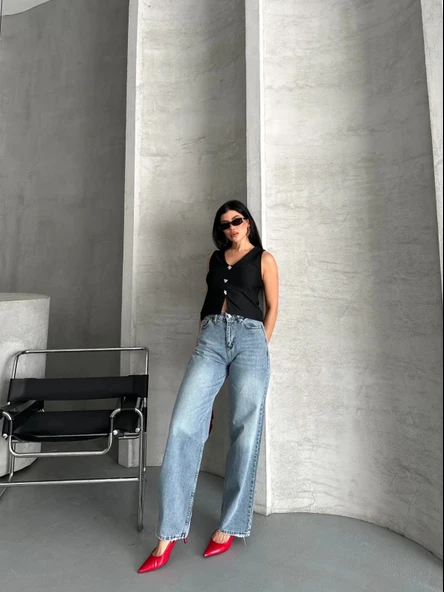 Palazzo straight kar yıkama jeans pantolon mavi d2008 ürün görseli