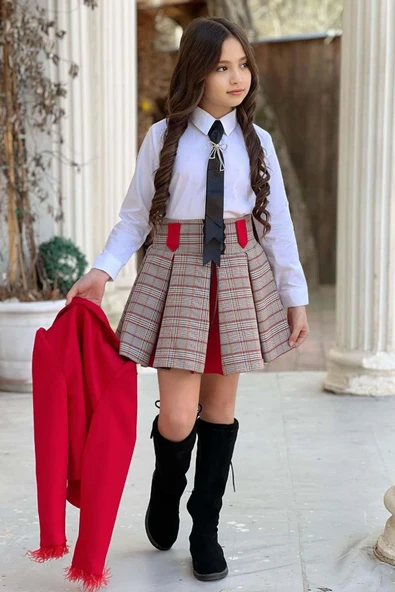 Kız Çocuk Blazer Ceket, Kravat Çizgili Kırmızı Etekli Takım ürün görseli