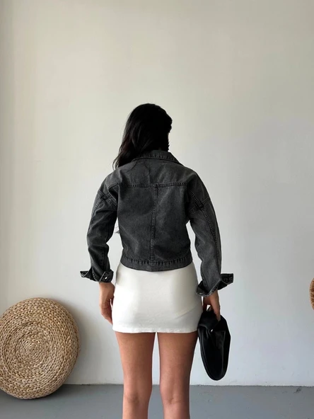 Çift cepli kol katlamalı süper taş enzim yıkama crop kot ceket füme d2000 - Resim 2