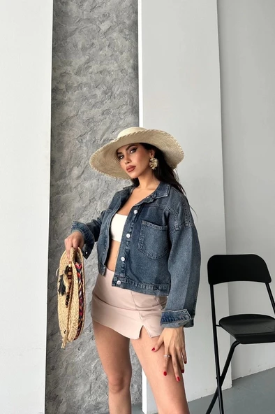 Çift cepli kol katlamalı kar yıkama crop kot ceket kahve tint d2000 - Resim 3