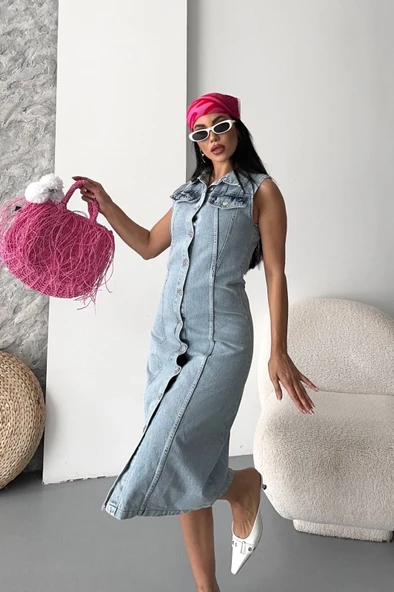 Sıfır kol kar yıkama tunik ceket mavi d2520 - Resim 7