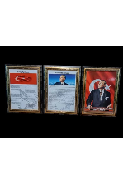Panda Atatürk-gençliğe Hitabe-istiklal Marşı Portre Tablo Köşe 3 Lü Set 45x60cm Yaldizli - 5