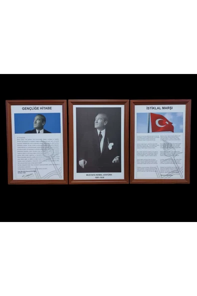 Panda Atatürk-Gençliğe Hitabe-İstiklal Marşı MDF Portre Tablo Köşe 3 lü set 35x50cm - 1