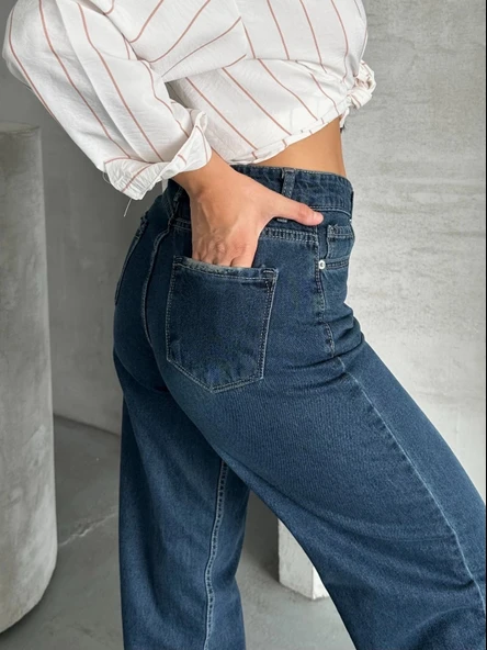 Palazzo bıyık enzim yıkama jeans pantolon koyu mavi d2008 - Resim 3