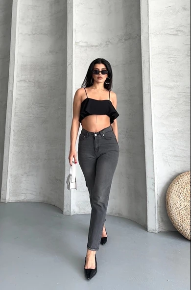 Mom fit enzim taş yıkama jeans pantolon füme d2006 - 7