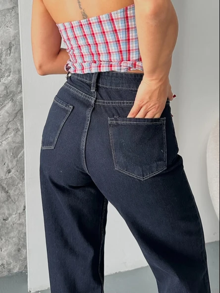 Palazzo süper taş enzim tint yıkama koyu lacivert jeans pantolon d2008 - Resim 5