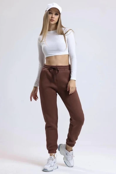 3 iplik şardonlu paça lastikli eşofman kahve is001 - Resim 2