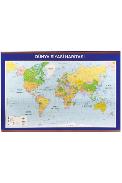Panda 70x100 Cm Dünya Siyasi + Fiziki Çıtalı Harita Tablo Pano - 1