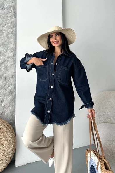 Cepli püsküllü kar yıkama kot ceket koyu mavi d2515 ürün görseli