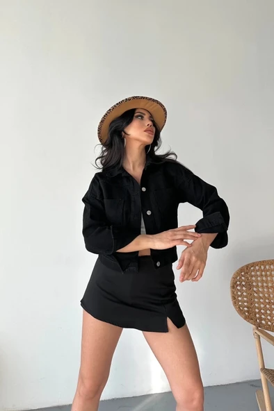 Çift cepli kol katlamalı süper taş enzim yıkamalı crop kot ceket siyah d2000 - Resim 4