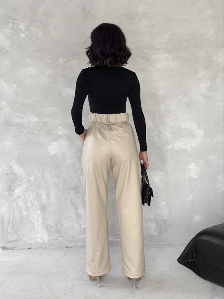 Kendinden ince kemerli deri pantolon bej t1178 - Resim 3