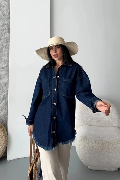 Cepli püsküllü kar yıkama kot ceket koyu mavi d2515 - Resim 2