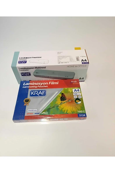 KRAF Laminasyon Filmi 125 Mikron A4 100'lü Paket+ LAMİNASYON MAKİNESİ A4 LM-1010BL MAVİ - 1