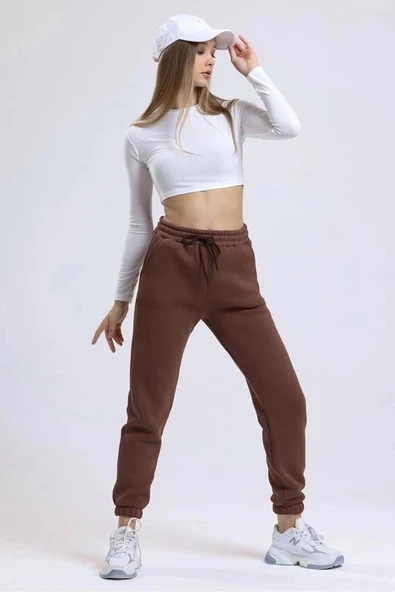 3 iplik şardonlu paça lastikli eşofman kahve is001 ürün görseli 1