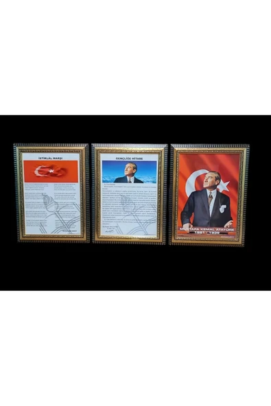 Panda Atatürk-gençliğe Hitabe-istiklal Marşı Portre Tablo Köşe 3 Lü Set 45x60cm Yaldizli - 1