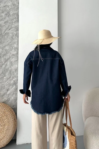 Cepli püsküllü kar yıkama kot ceket koyu mavi d2515 - Resim 3