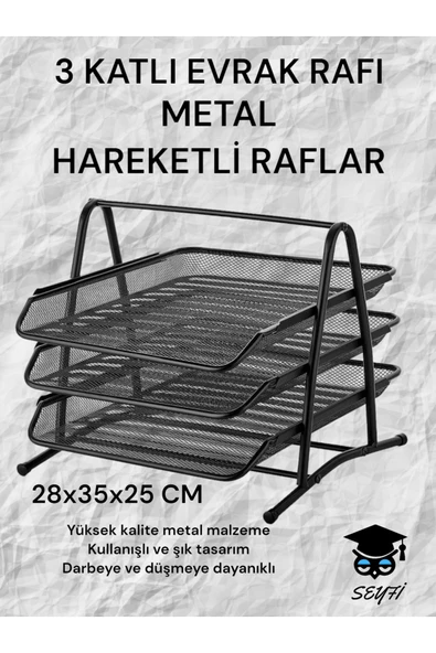 SEYFİKİRTASİYE 3 KATLI METAL EVRAK RAFI PERFORE SİYAH HAREKETLİ RAFLAR - 1