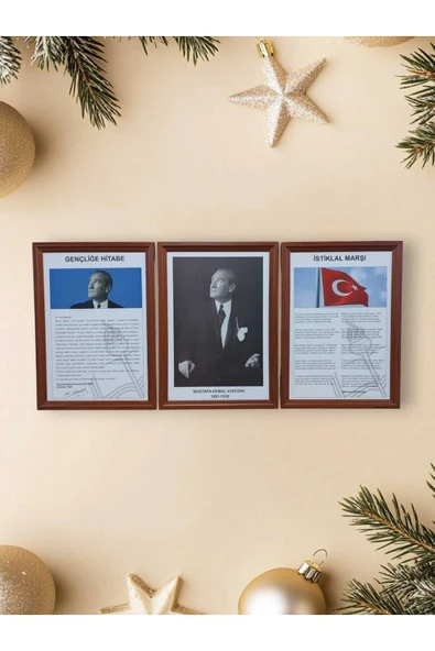 Panda Atatürk-Gençliğe Hitabe-İstiklal Marşı MDF Portre Tablo Köşe 3 lü set 35x50cm - 3