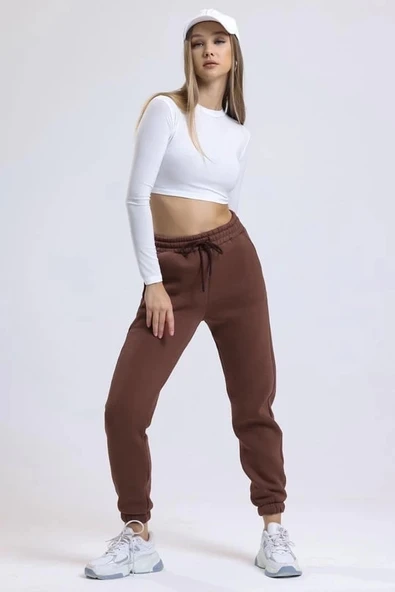 3 iplik şardonlu paça lastikli eşofman kahve is001 - Resim 5