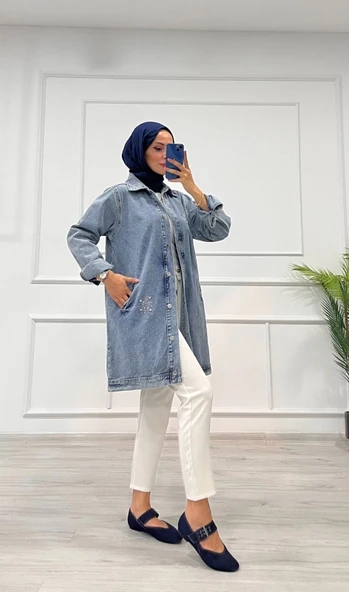 Taşlı tunik ceket kar yıkama orta mavi d2516 - Resim 4