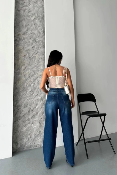 Baggy süper taş bıyık yıkama koyu mavi jeans pantolon d2007 - Resim 2