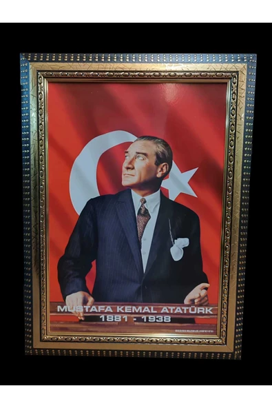 Panda Atatürk Portresi Yaldız Sarı-Siyah Çerçeveli 45x60cm - 1