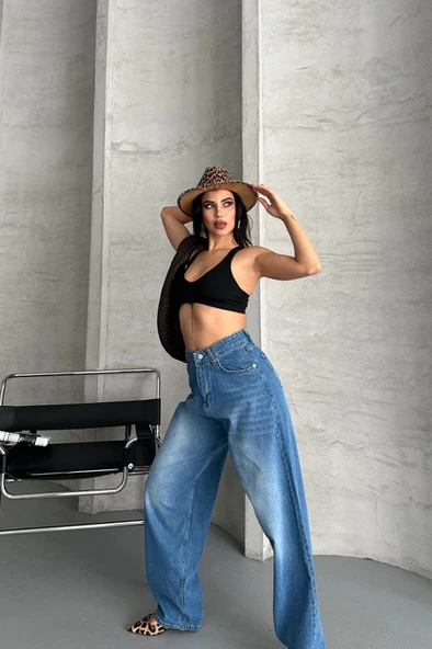 Baggy süper taş bıyık yıkama mavi jeans pantolon d2007 - Resim 3