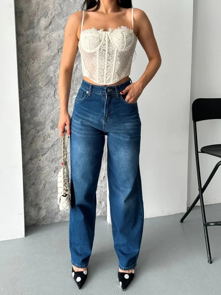 Baggy süper taş bıyık yıkama koyu mavi jeans pantolon d2007 - Resim 5