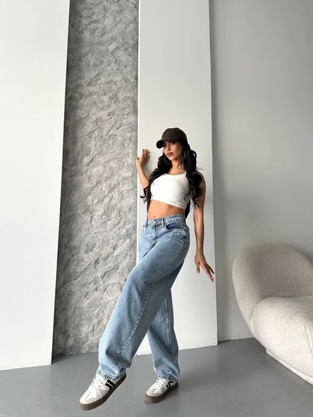 Baggy kar yıkama orta mavi jeans pantolon d2007 - Resim 5