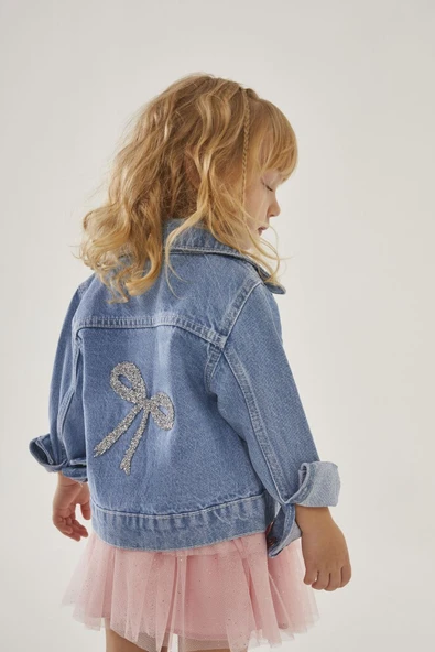 Kız Çocuk Jean Ceket & Tütülü Etek Takımı – Simli Fiyonk Detaylı - 2