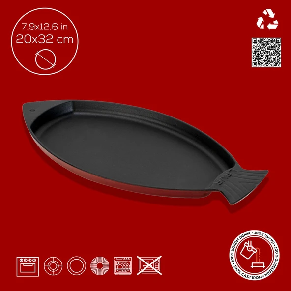 Lava Döküm Balık Tabağı Döküm Demir Yekpare Kulplu Ölçü 20x32cm.-Bordo - 4