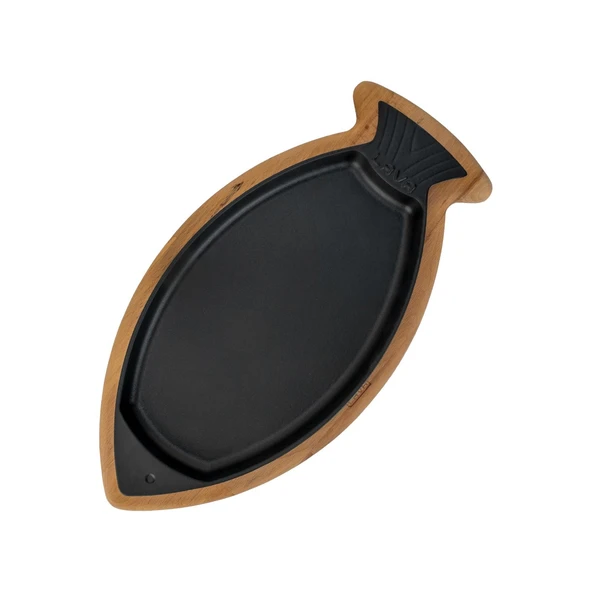 Lava Döküm Balık Tabağı Döküm Demir Yekpare Kulplu Kayın Servis Ahşabı Ölçü 20x32cm.-Bordo - 3