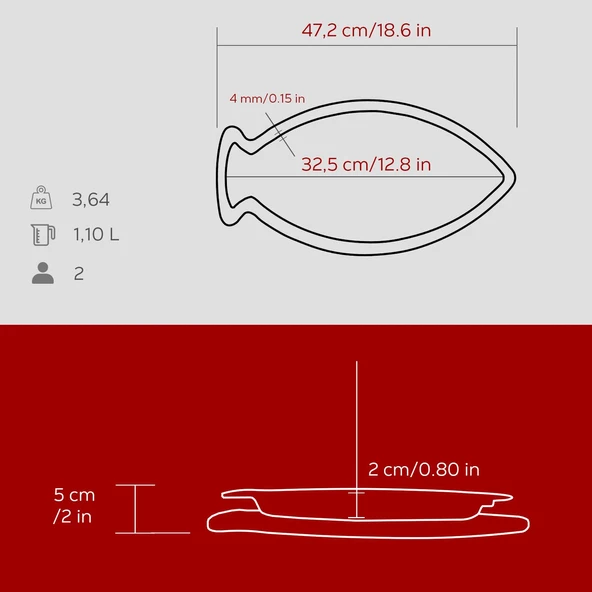 Lava Döküm Balık Tabağı Döküm Demir Yekpare Kulplu Kayın Servis Ahşabı Ölçü 20x32cm.-Bordo - 5