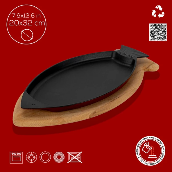 Lava Döküm Balık Tabağı Döküm Demir Yekpare Kulplu Kayın Servis Ahşabı Ölçü 20x32cm.-Bordo - 4