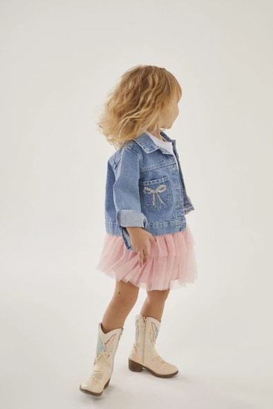 Kız Çocuk Jean Ceket & Tütülü Etek Takımı – Simli Fiyonk Detaylı