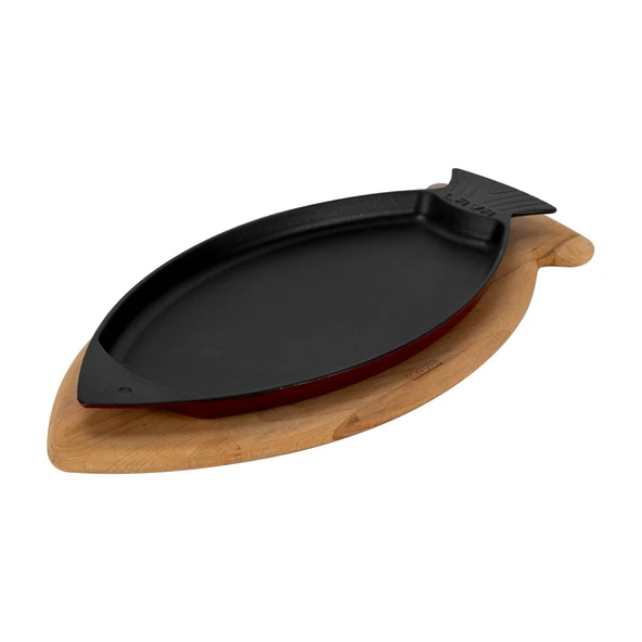 Lava Döküm Balık Tabağı Döküm Demir Yekpare Kulplu Kayın Servis Ahşabı Ölçü 20x32cm.-Bordo - 2