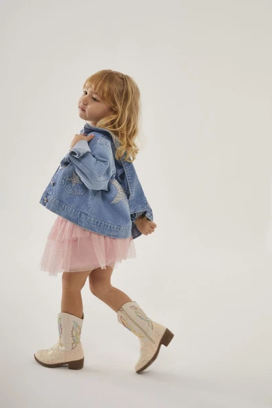 Kız Çocuk Jean Ceket & Tütülü Etek Takımı – Simli Yıldız Detaylı - 3