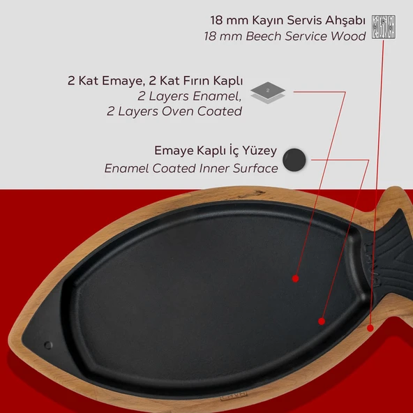 Lava Döküm Balık Tabağı Döküm Demir Yekpare Kulplu Kayın Servis Ahşabı Ölçü 20x32cm.-Bordo - 6