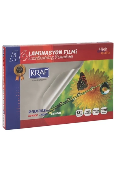 KRAF LAMİNASYON FİLMİ PARLAK A4 125 MİC 100'LÜ 2124 - 1