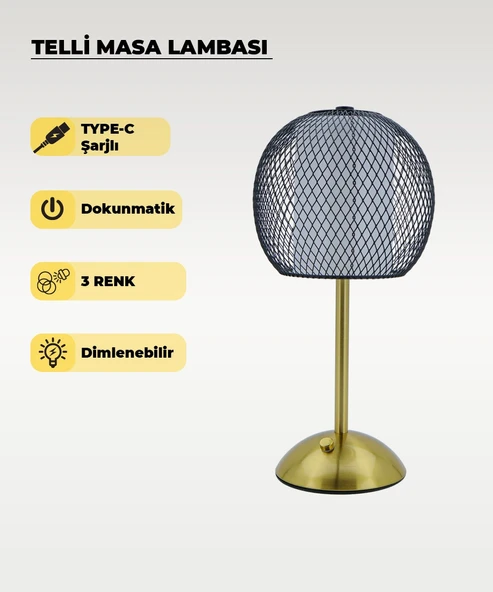 Siyah Telli Masa Lambası - Dokunmatik - 3 Renk Işık - 1