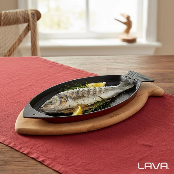 Lava Döküm Balık Tabağı Döküm Demir Yekpare Kulplu Kayın Servis Ahşabı Ölçü 20x32cm.-Bordo - 7