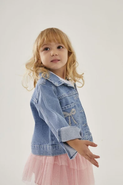 Kız Çocuk Jean Ceket & Tütülü Etek Takımı – Simli Fiyonk Detaylı - 3