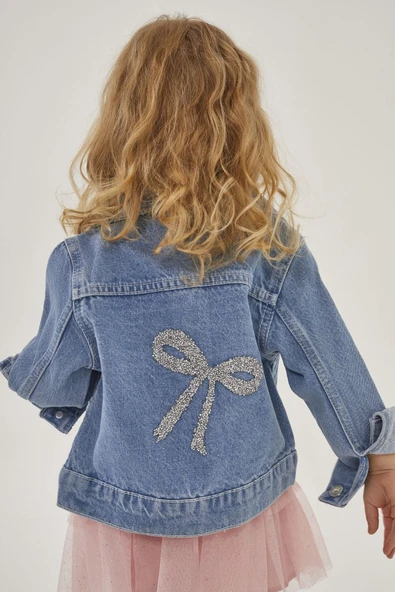 Kız Çocuk Jean Ceket & Tütülü Etek Takımı – Simli Fiyonk Detaylı - 4