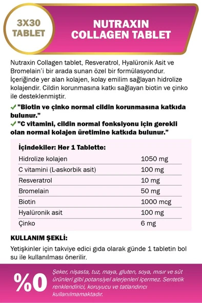 Nutraxin Hidrolize Kolajen 1050 Mg 3x30 Tablet Tip1 Tip3 Resveratrol Bromelain Biotin Hyalüronik asit Çinko - 3