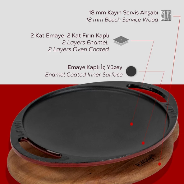 Lava Döküm Yuvarlak Saç Kavurma Tavası Döküm Demir Yekpare Çift Kulplu Kayın Servis Ahşabı Çap(Ø)20cm.-Bordo - Resim 6