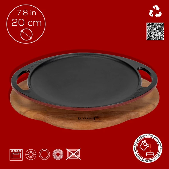 Lava Döküm Yuvarlak Saç Kavurma Tavası Döküm Demir Yekpare Çift Kulplu Kayın Servis Ahşabı Çap(Ø)20cm.-Bordo - Resim 4