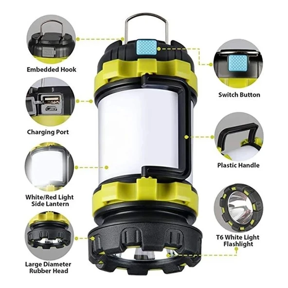 KE47703 LED Kamp Lambası Fener Işıldak 3000mAh Şarjlı ABS Gövde Masa Lambası Fonksiyonlu Güçlü Işık - Resim 2