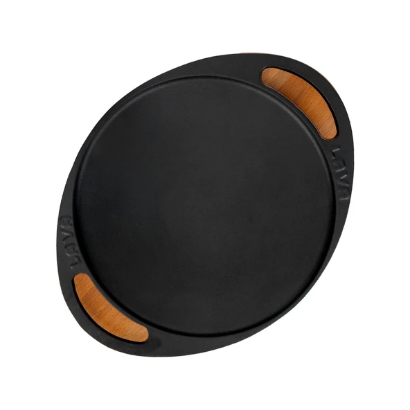 Lava Döküm Yuvarlak Saç Kavurma Tavası Döküm Demir Yekpare Çift Kulplu Kayın Servis Ahşabı Çap(Ø)20cm.-Bordo - Resim 3